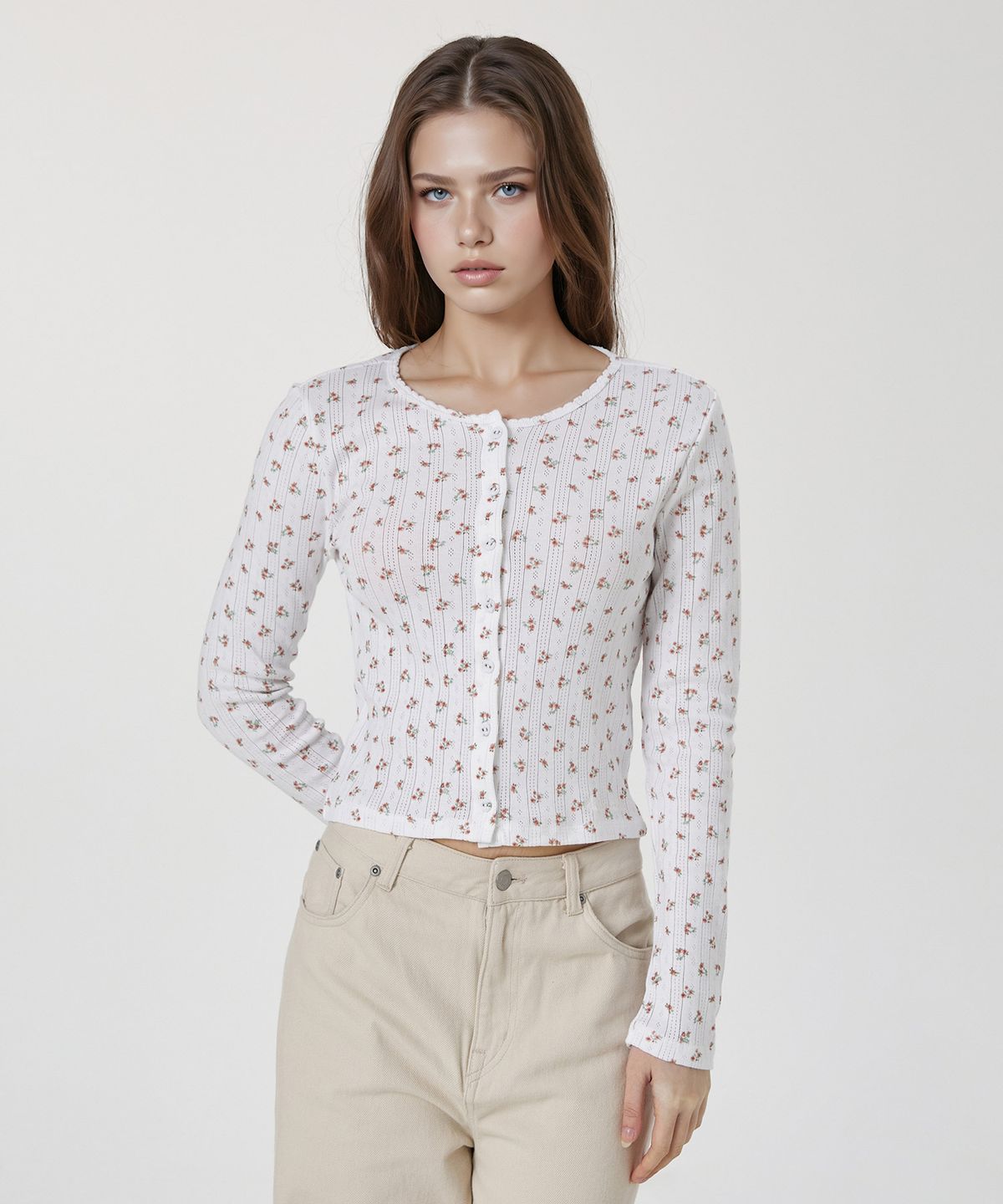 후아유(WHO.A.U) Eyelet Long Sleeve Cardigan / WHLAG2323F