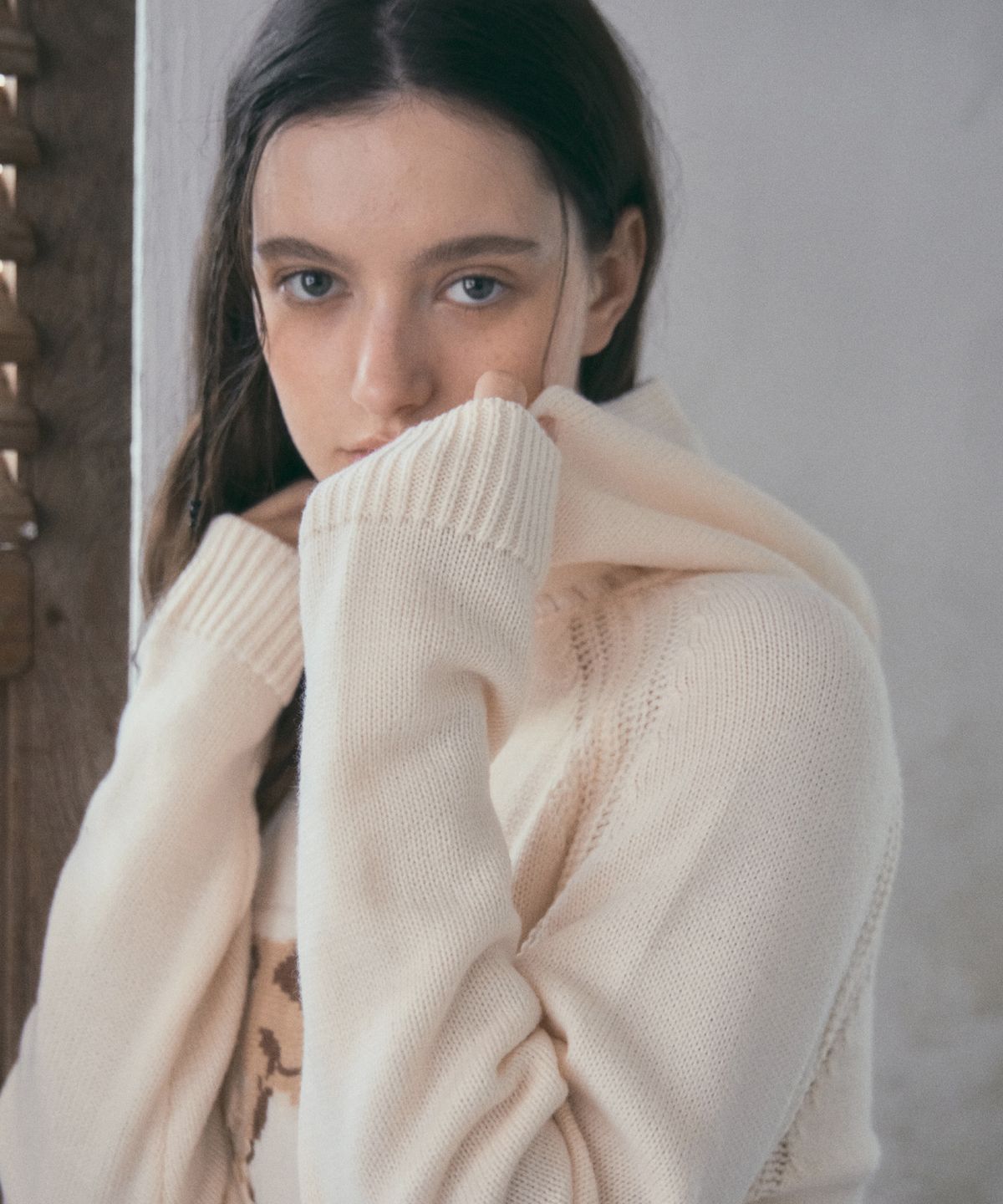 아우어노스텔지아(OURNOSTALGIA) woolfie Balaclava Knit Hood_Ivory(OC25-KN18)