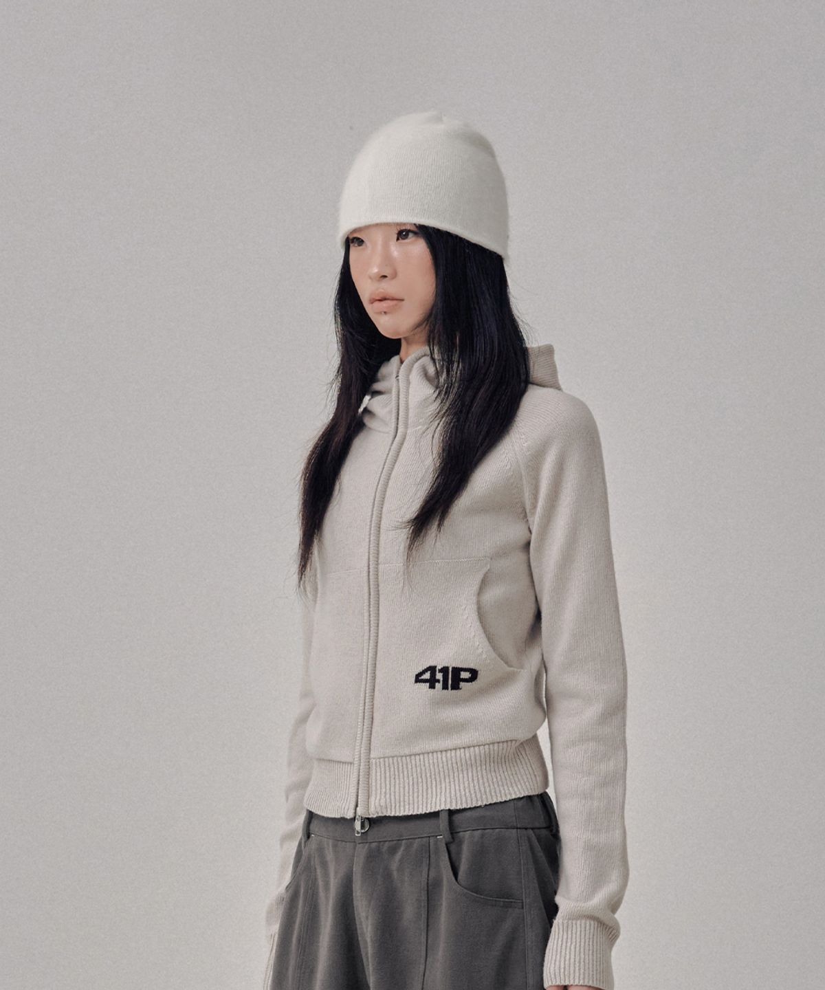 사일프레이(41PRAY) High-Neck Knit  Hoodie Zip Up / Light Grey