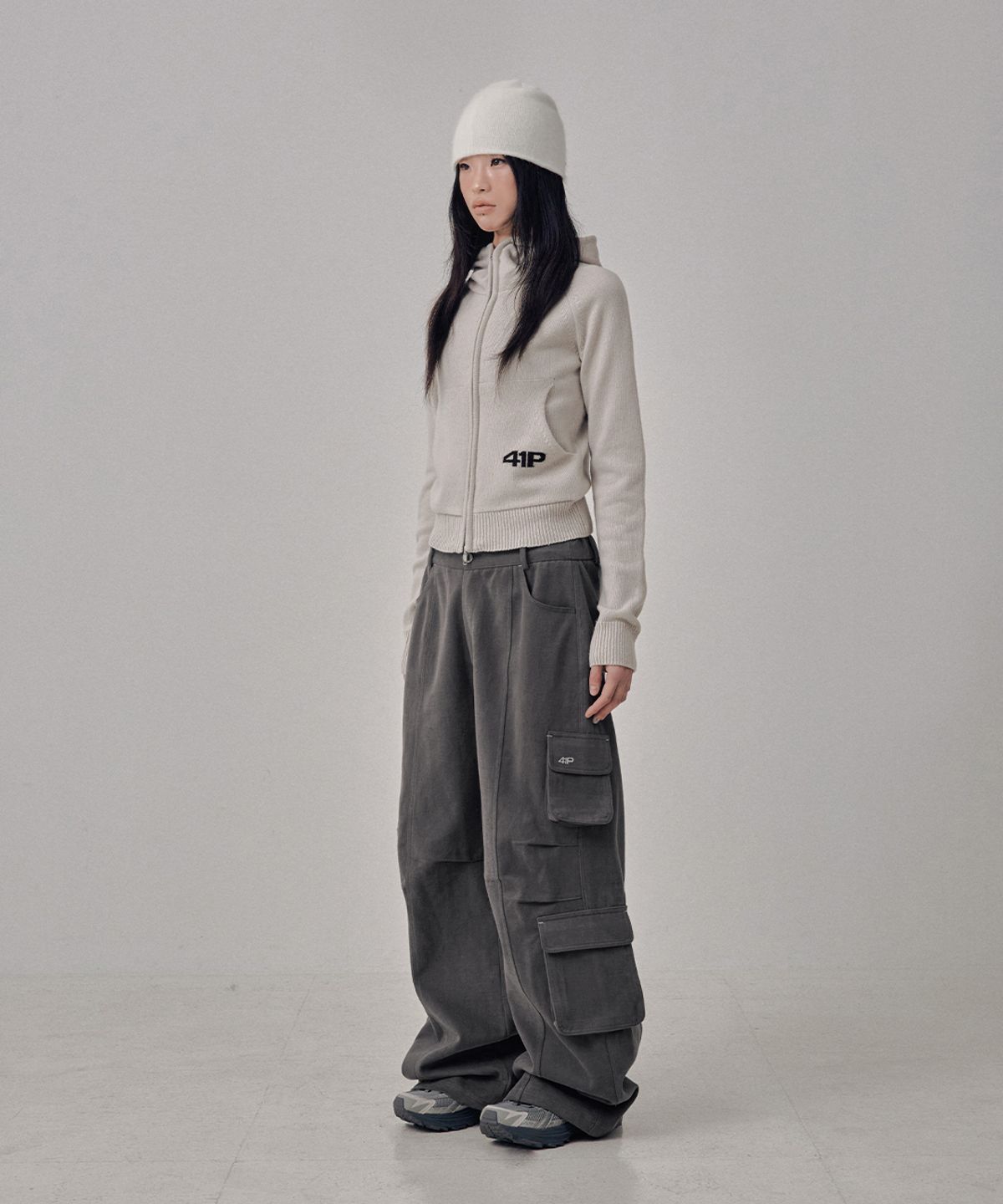 사일프레이(41PRAY) High-Neck Knit  Hoodie Zip Up / Light Grey