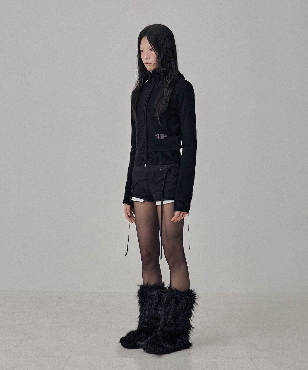 MUSINSA公式 | 41PRAY High-Neck Knit Hoodie Zip Up / Black