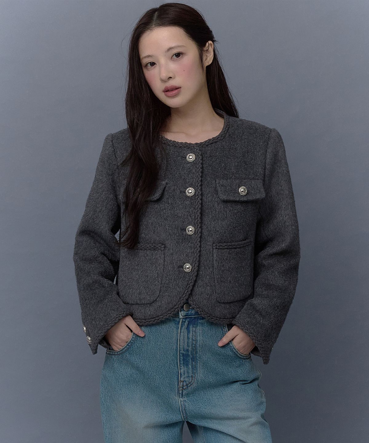 더티스(THETIS) [ITALY BUTTON]ALPACA BINDING TWEED JACKET_TT5W004GY