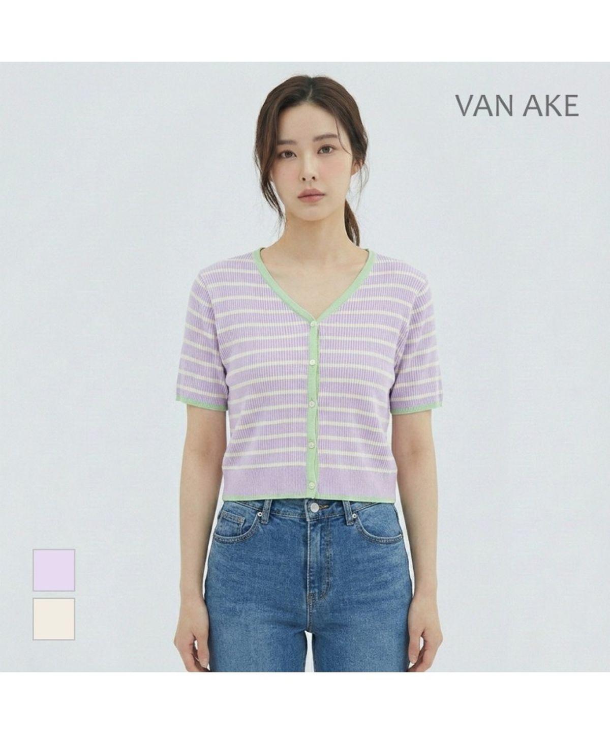 반에이크(VANAKE) 스트라이프 반팔 니트가디건_VB35KCQ307Z
