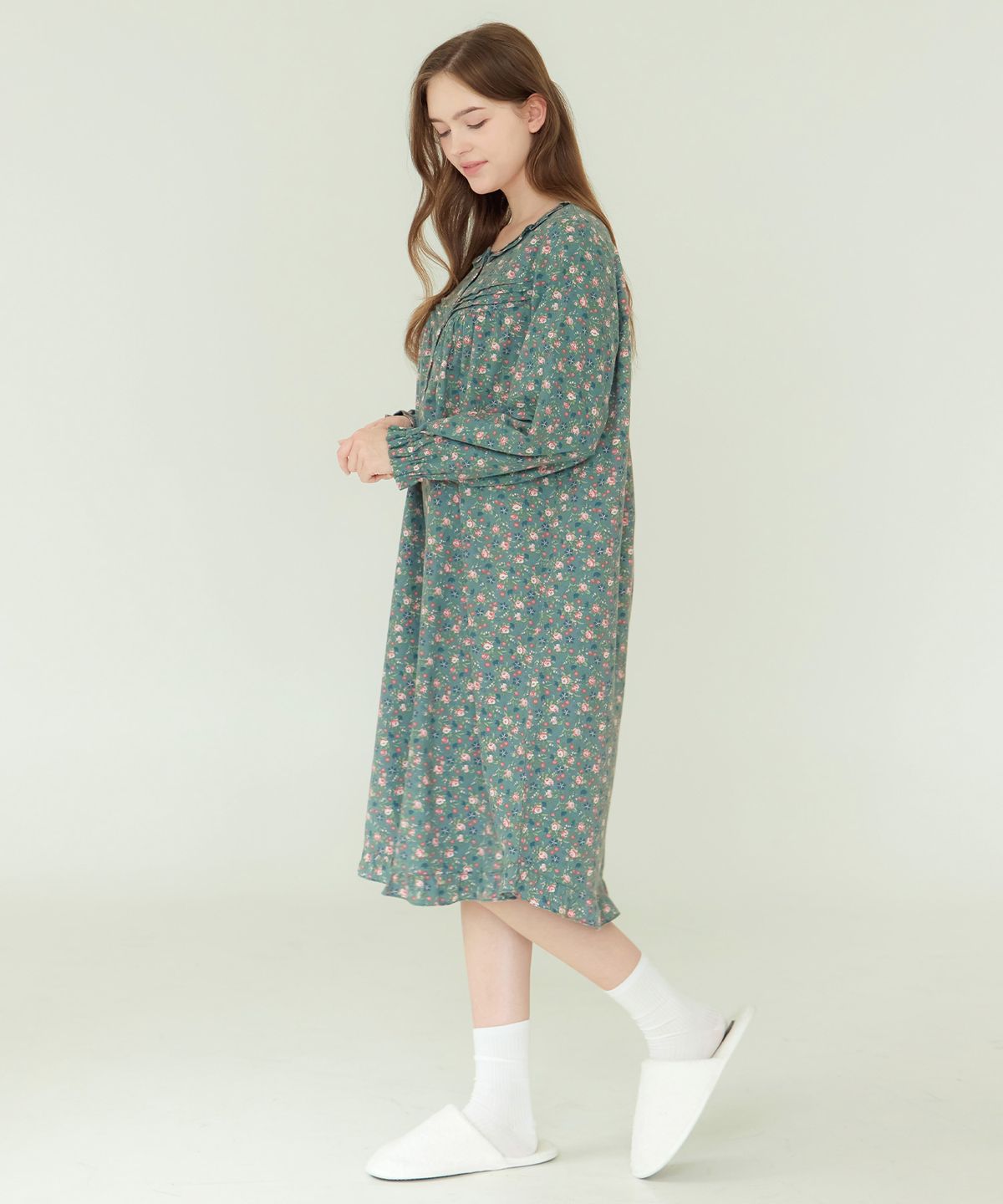 메이플라워(MAY FLOWER) 그린핑크잔꽃 긴팔 약기모 순면 여성 빅사이즈 원피스 잠옷