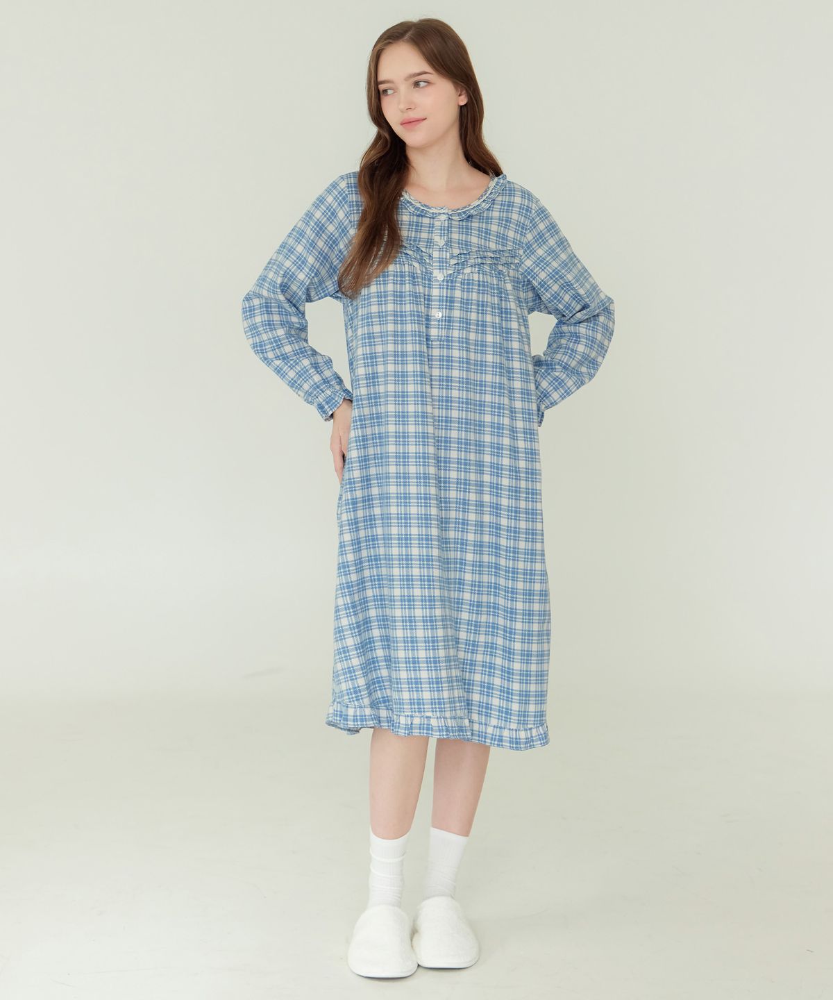 메이플라워(MAY FLOWER) 아이스블루 긴팔 약기모 순면 여성 빅사이즈 원피스 잠옷