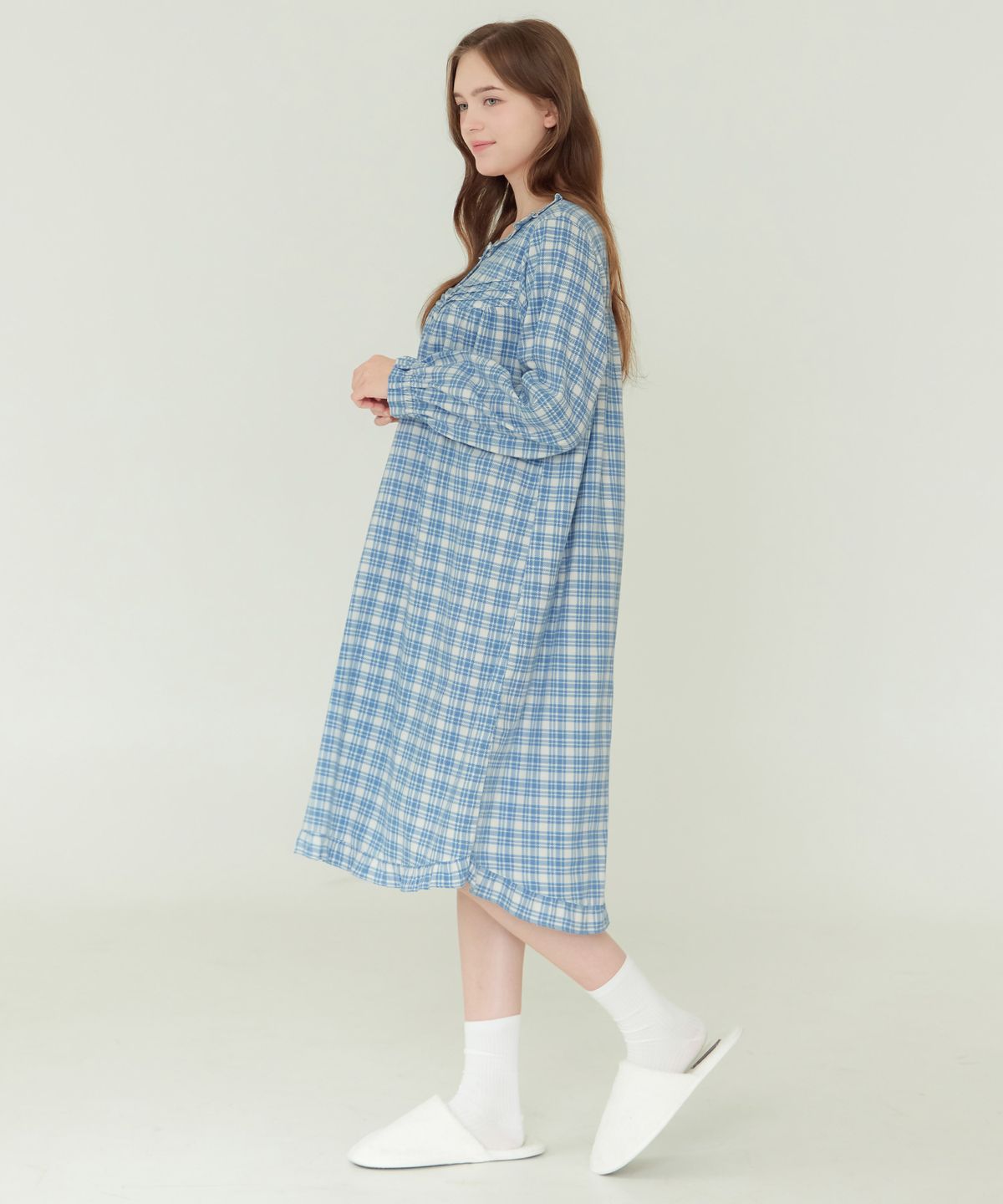 메이플라워(MAY FLOWER) 아이스블루 긴팔 약기모 순면 여성 빅사이즈 원피스 잠옷