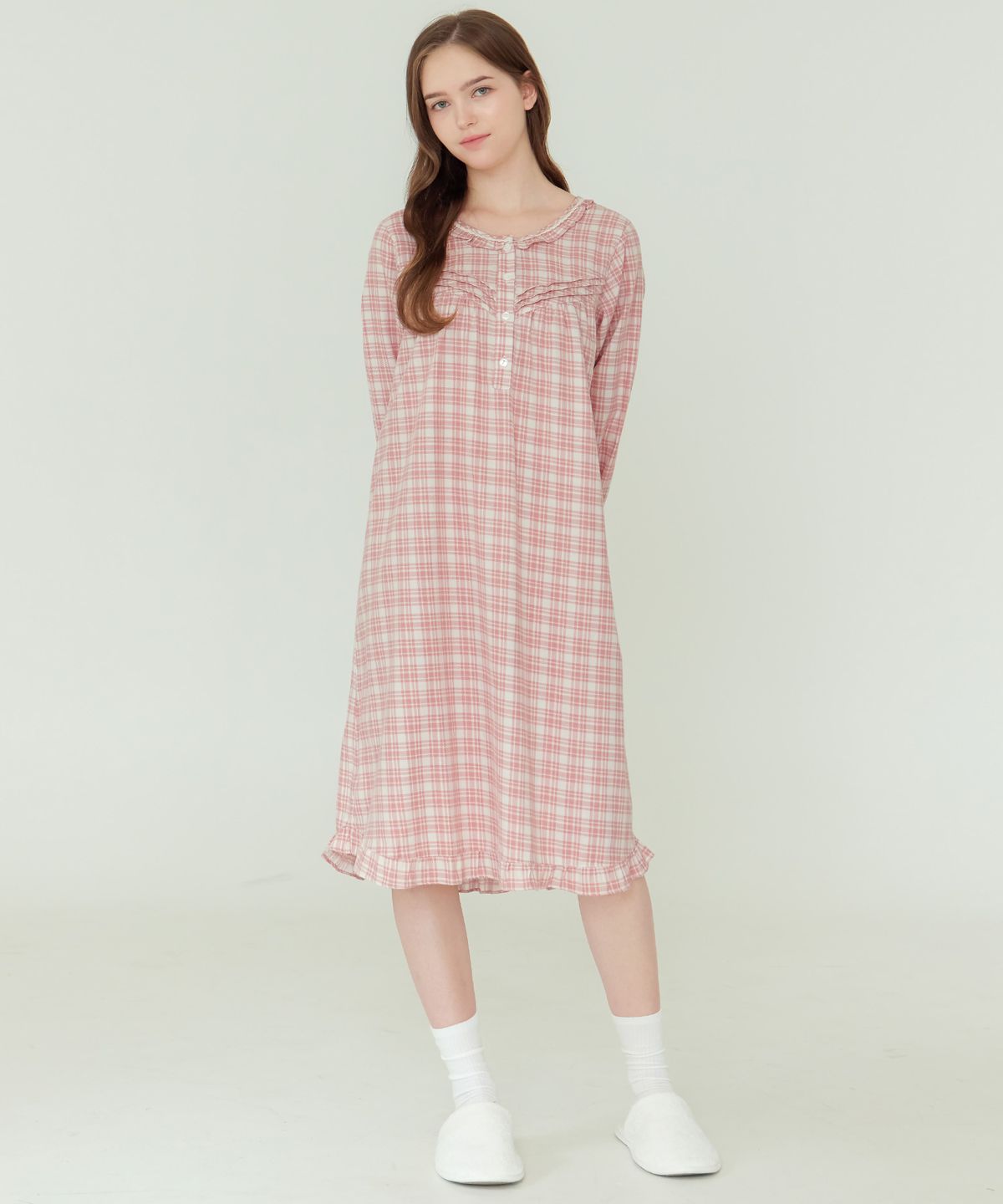 메이플라워(MAY FLOWER) 아이스핑크 긴팔 약기모 순면 여성 빅사이즈 원피스 잠옷