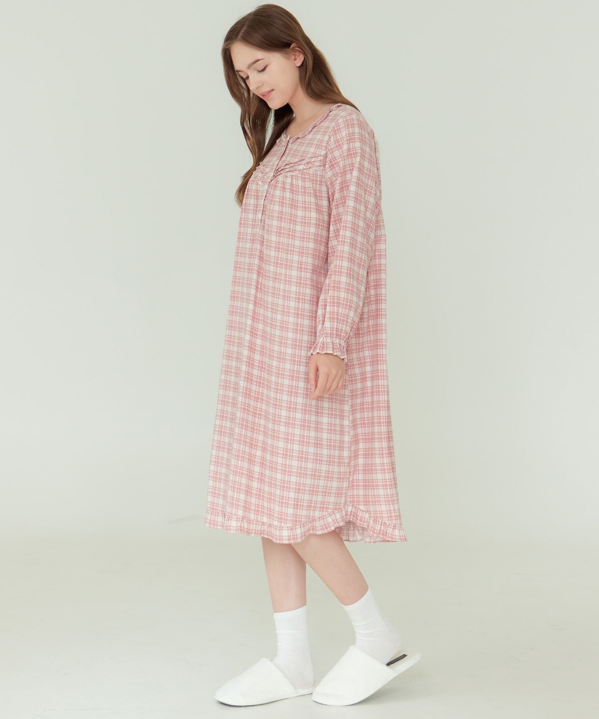 메이플라워(MAY FLOWER) 아이스핑크 긴팔 약기모 순면 여성 빅사이즈 원피스 잠옷