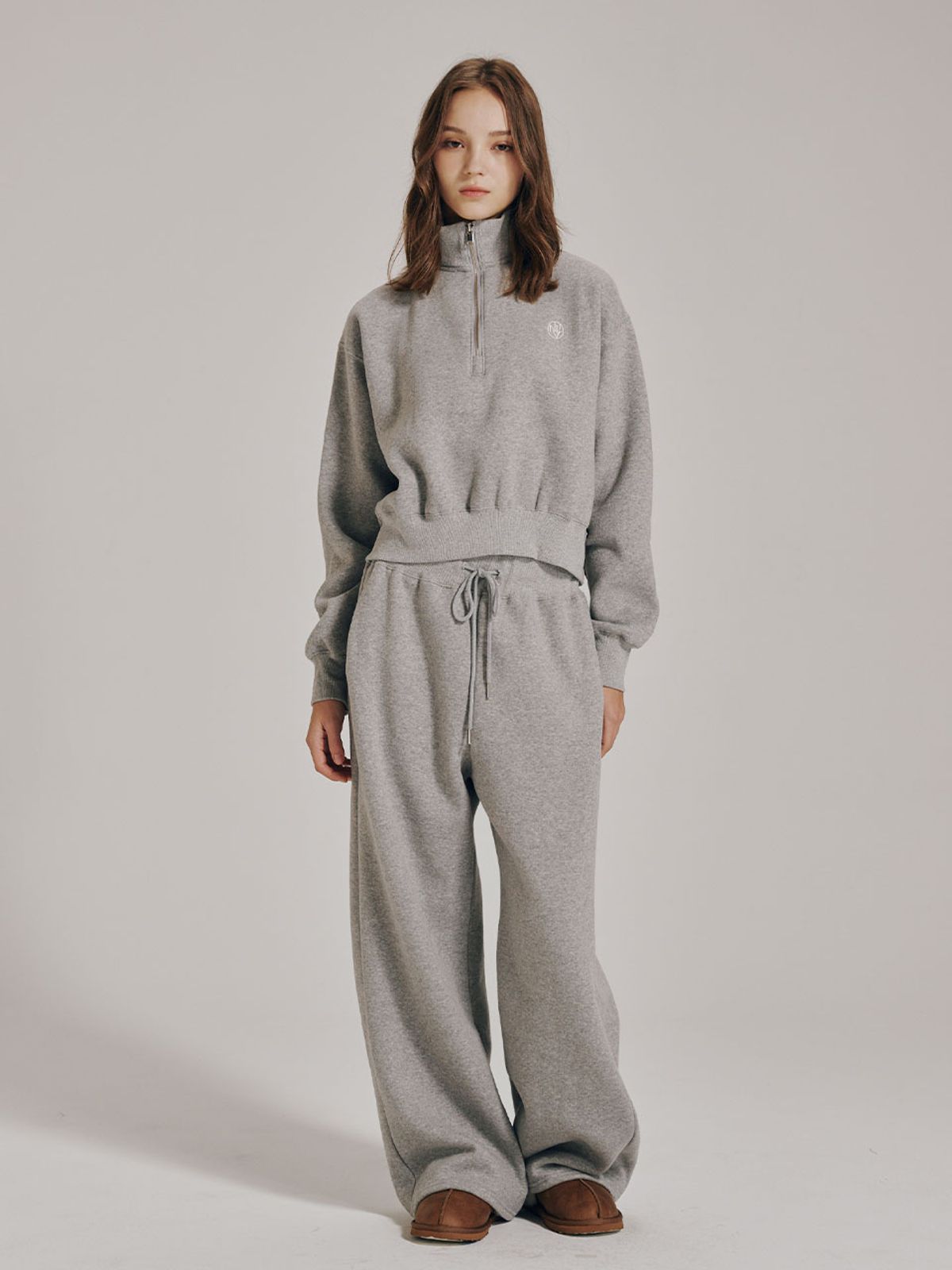 누브(NOUVE) [기모] 하프집업 크롭 스웻셔츠 셋업 - 멜란지 그레이 / Half Zip Up Crop Sweatshirts Set Up - M.Gray