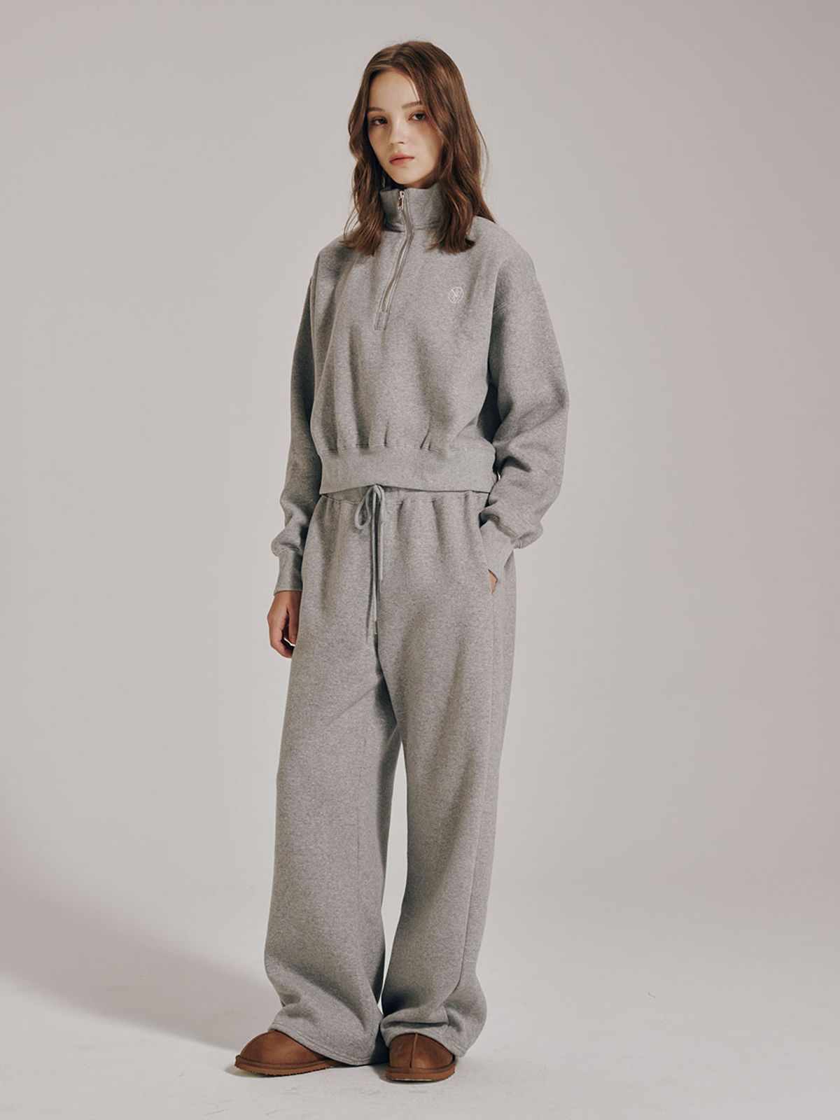 누브(NOUVE) [기모] 하프집업 크롭 스웻셔츠 셋업 - 멜란지 그레이 / Half Zip Up Crop Sweatshirts Set Up - M.Gray