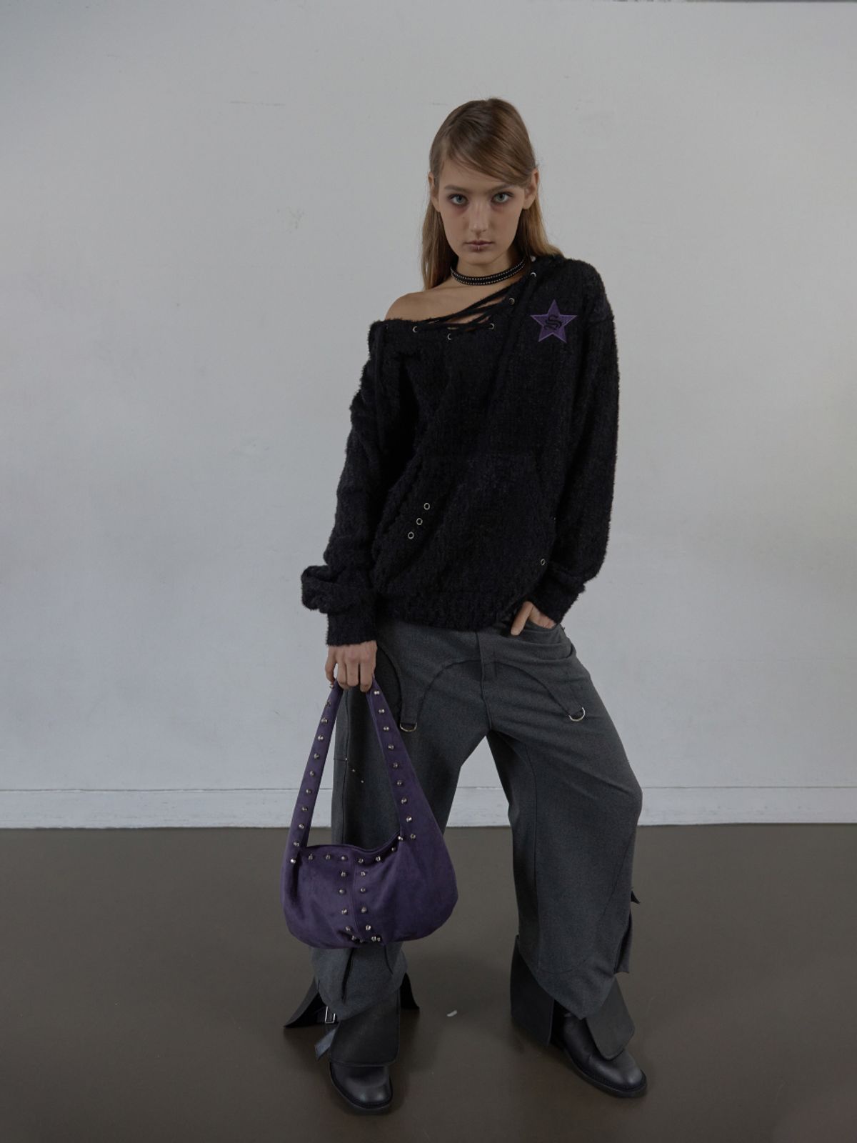 셋업이엑스이(SETUP-EXE) SUEDE STUDDED SHOULDER BAG / PURPLE