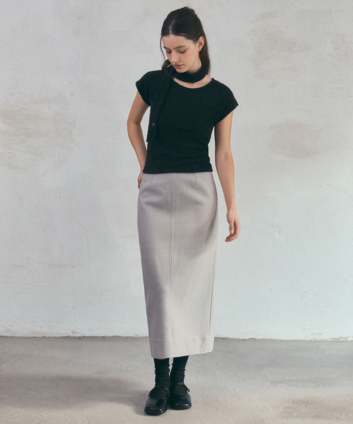 아우어노스텔지아(OURNOSTALGIA) tweed pencil long skirt_Light gray(O25-SK15)