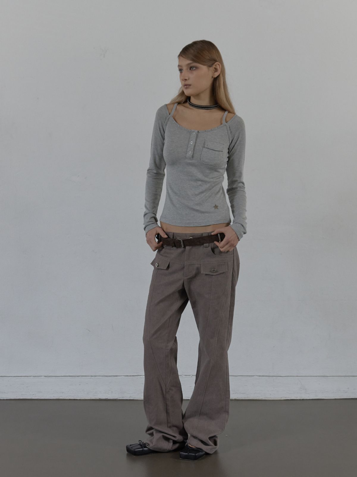 셋업이엑스이(SETUP-EXE) SLEEVELESS LAYERED TOP / MELANGE GRAY