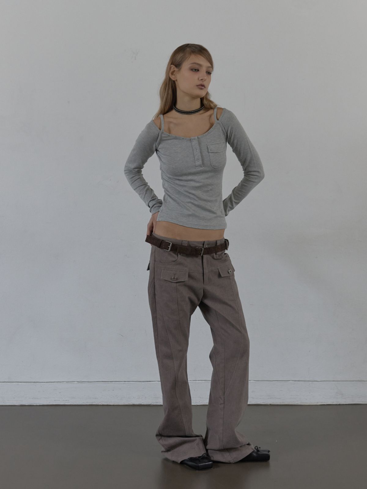 셋업이엑스이(SETUP-EXE) SLEEVELESS LAYERED TOP / MELANGE GRAY