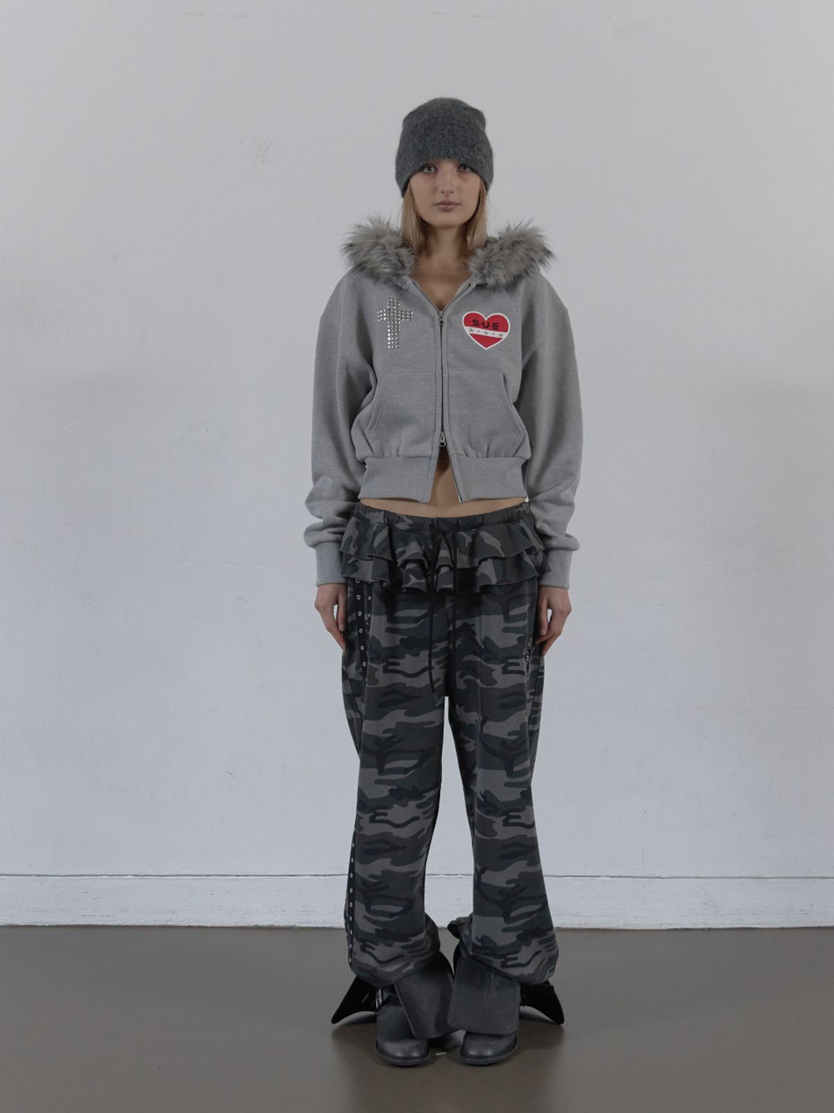셋업이엑스이(SETUP-EXE) FUR TRIMMING HOODED ZIP-UP / MELANGE GRAY