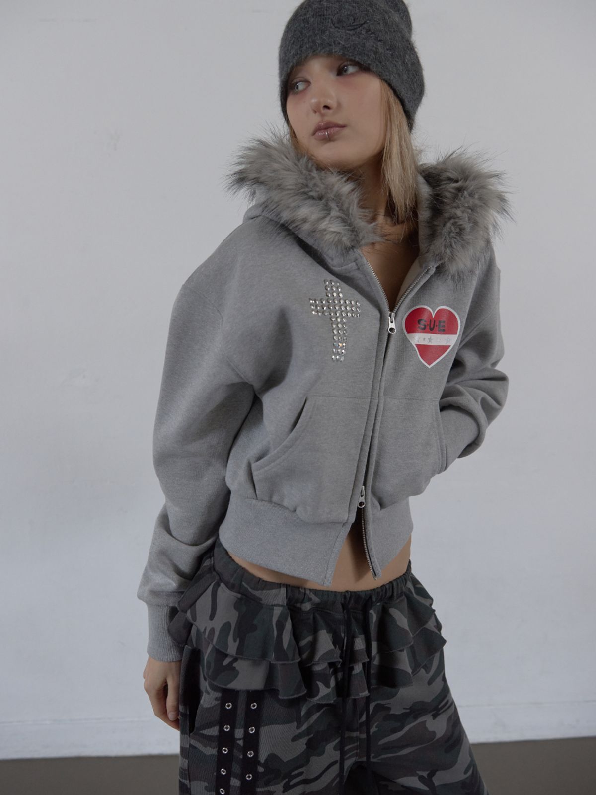 셋업이엑스이(SETUP-EXE) FUR TRIMMING HOODED ZIP-UP / MELANGE GRAY