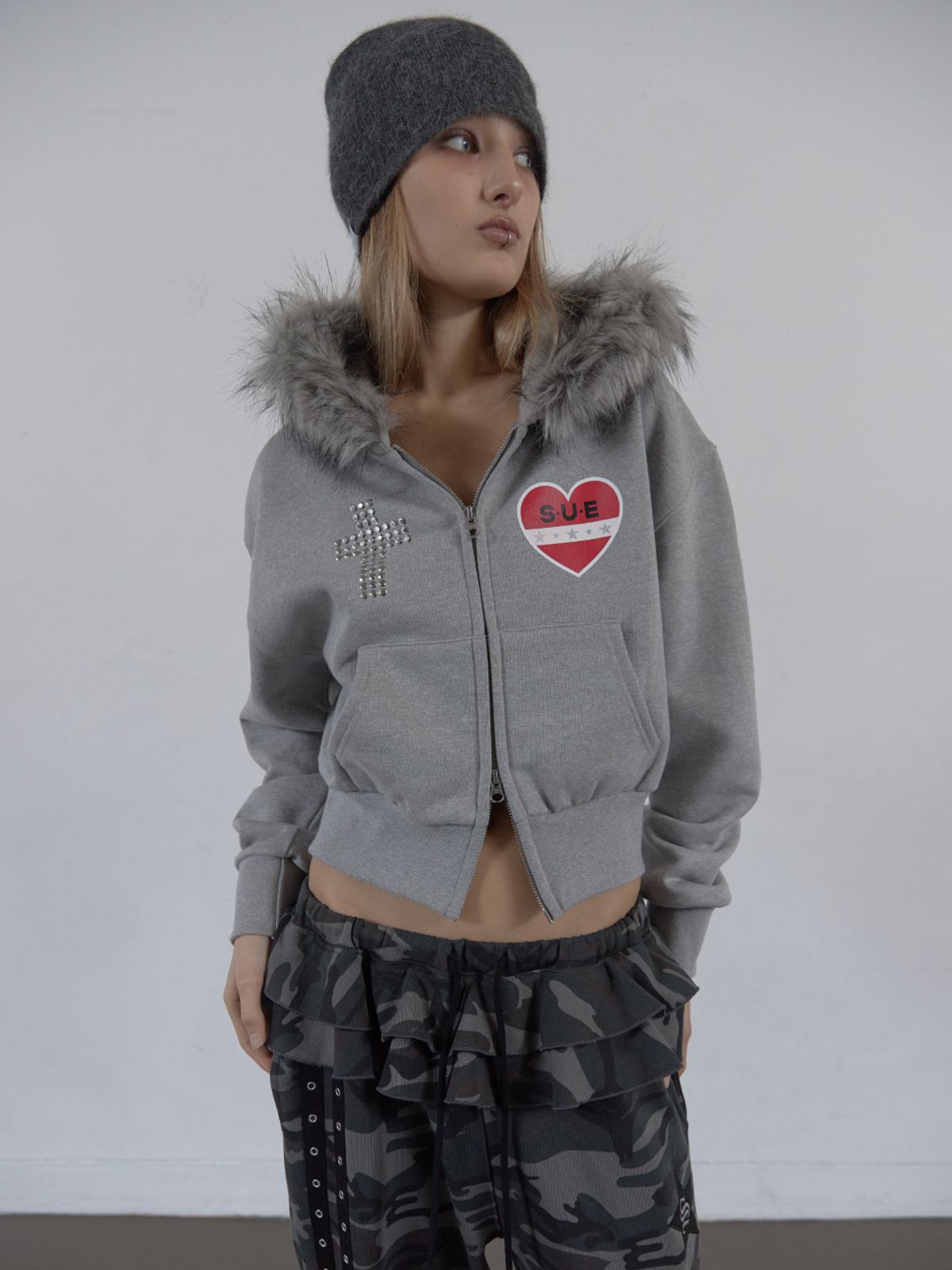 셋업이엑스이(SETUP-EXE) FUR TRIMMING HOODED ZIP-UP / MELANGE GRAY