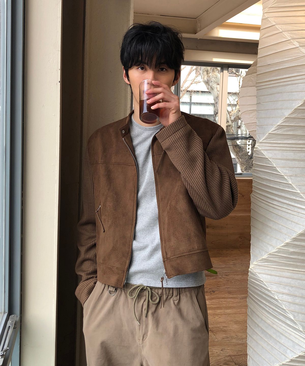 데이(THEY) 크롭 니트 스웨이드 바이커 자켓_BROWN