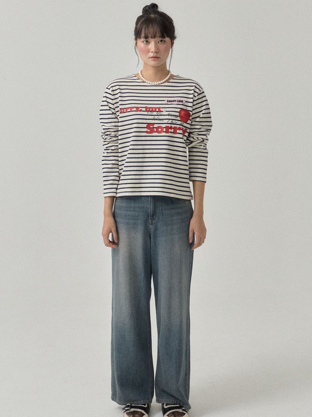 쏘리, 투 머치 러브(SORRY, TOO MUCH LOVE) Print Marine Stripe T-shirt_Ivory