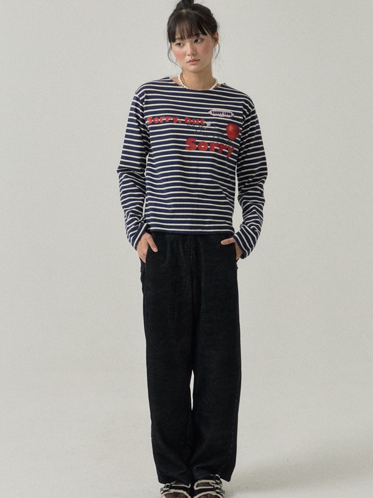 쏘리, 투 머치 러브(SORRY, TOO MUCH LOVE) Print Marine Stripe T-shirt_Navy