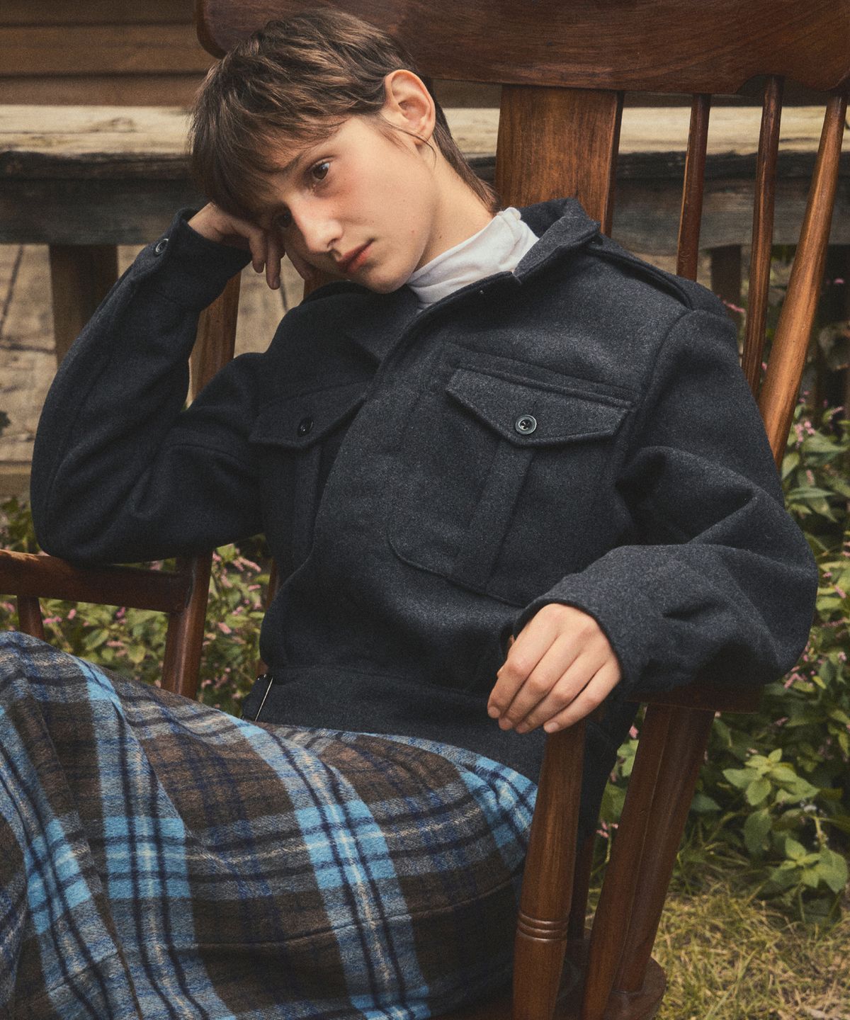 아우어노스텔지아(OURNOSTALGIA) wool navy short jacket_Charcoal