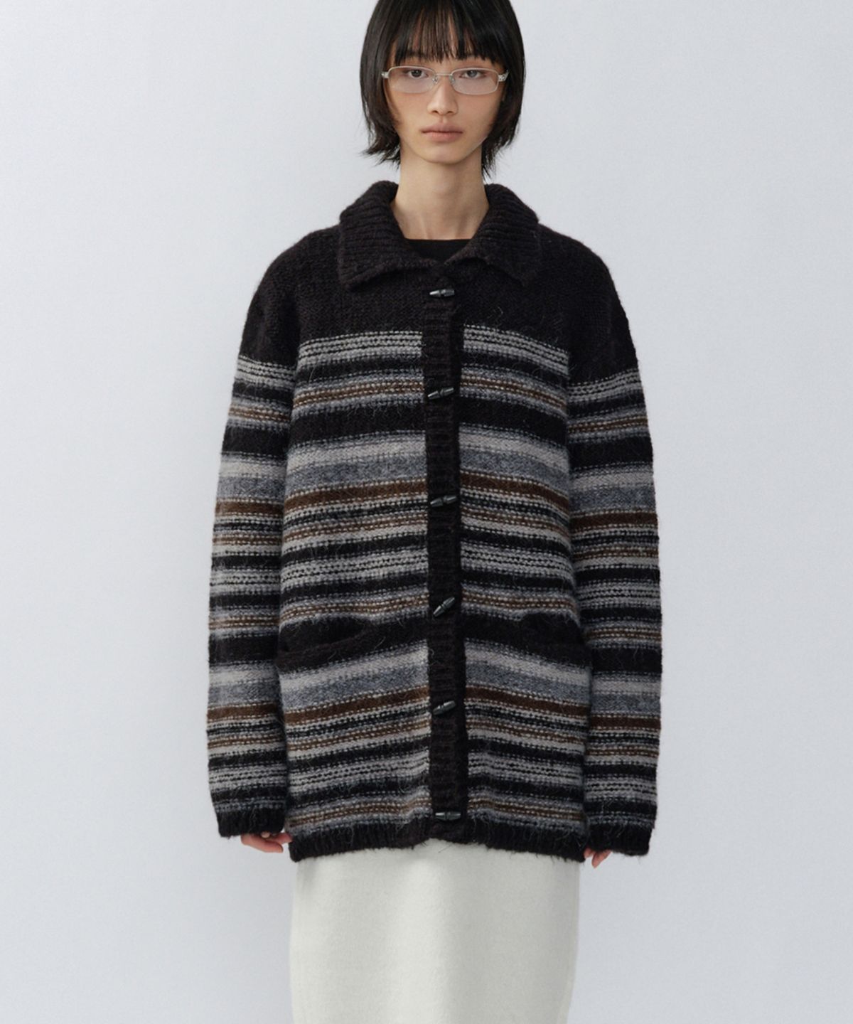 이어닝(YEARNING) WOOL TOGGLE REVERSIBLE KNIT COAT, BLACK STRIPE