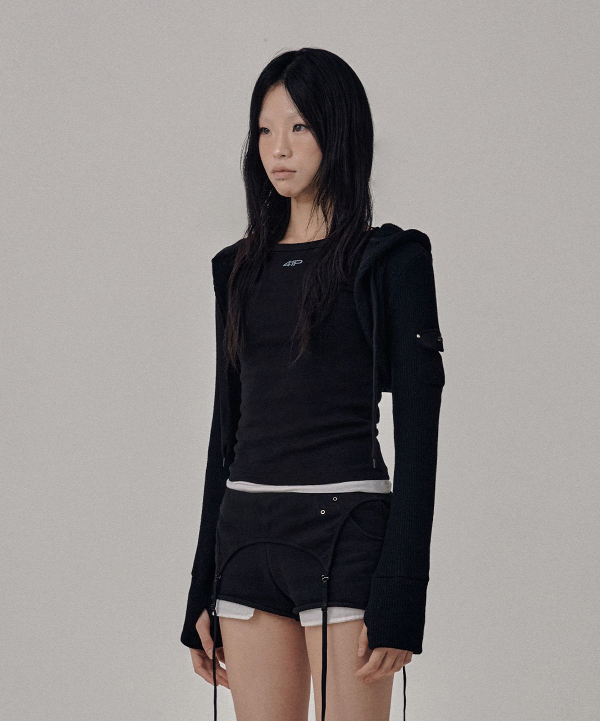 사일프레이(41PRAY) Knit Hoodie Bolero Cardigan / Black