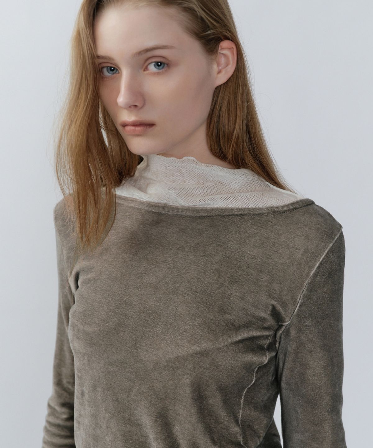 이어닝(YEARNING) WASHING VELVET 3/4 SLEEVE TOP, SANDSTONE