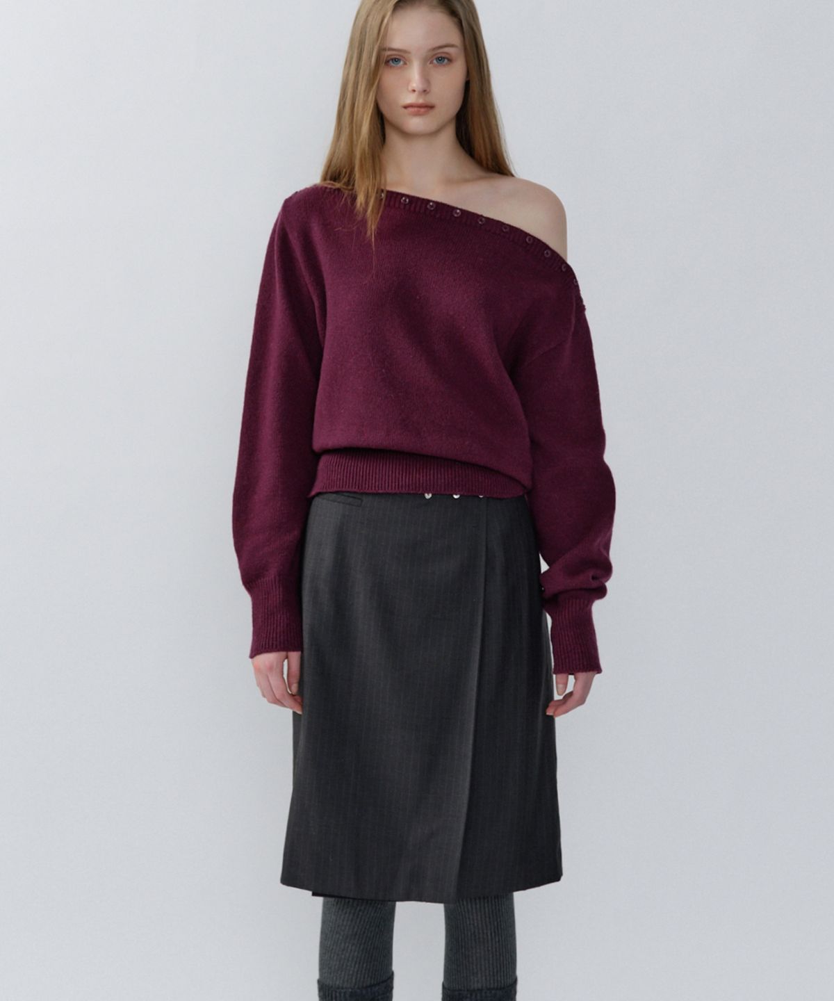 이어닝(YEARNING) MERINO WOOL BUTTON KNIT, PLUM