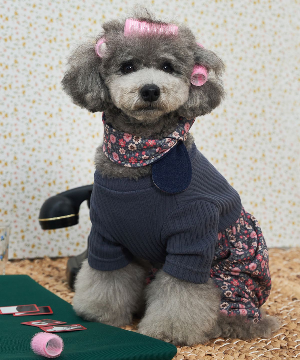 베일리(BAILEY) 강아지올인원 전원일기 몸빼 세트 꽃남색
