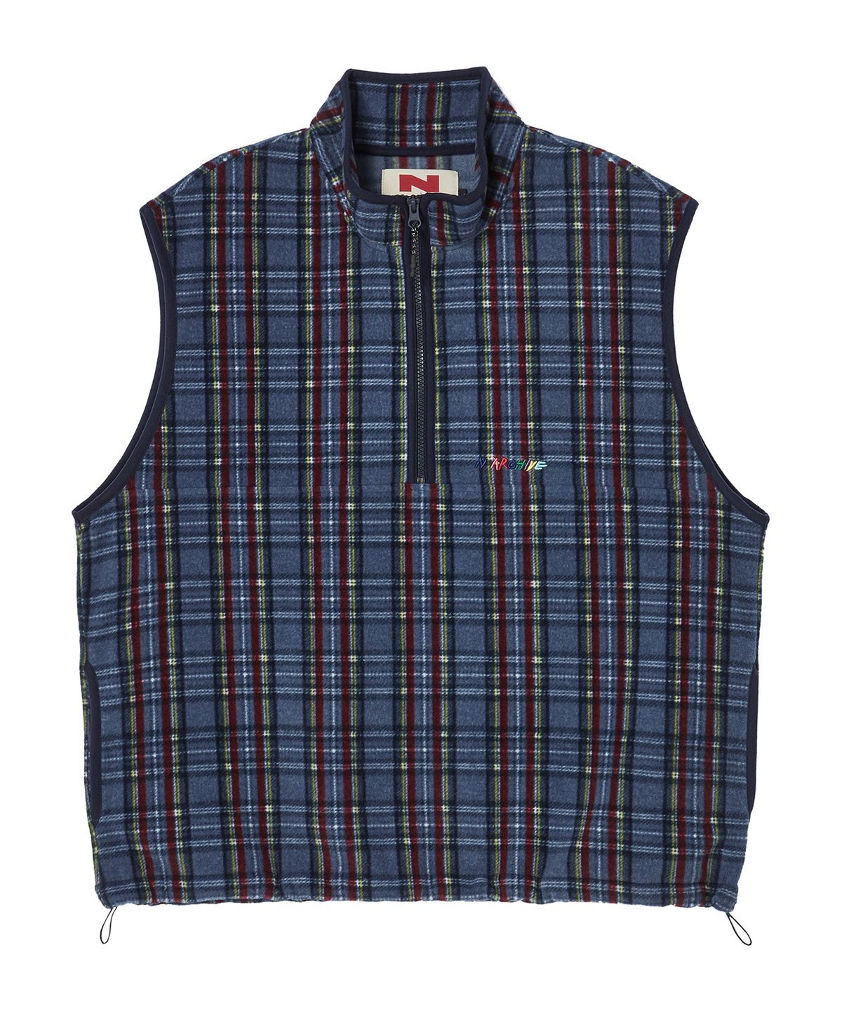 비욘드클로젯(BEYOND CLOSET) [COLLECTION LINE] 레트로 체크 유니크 로고 하프 집업 플리스 네이비