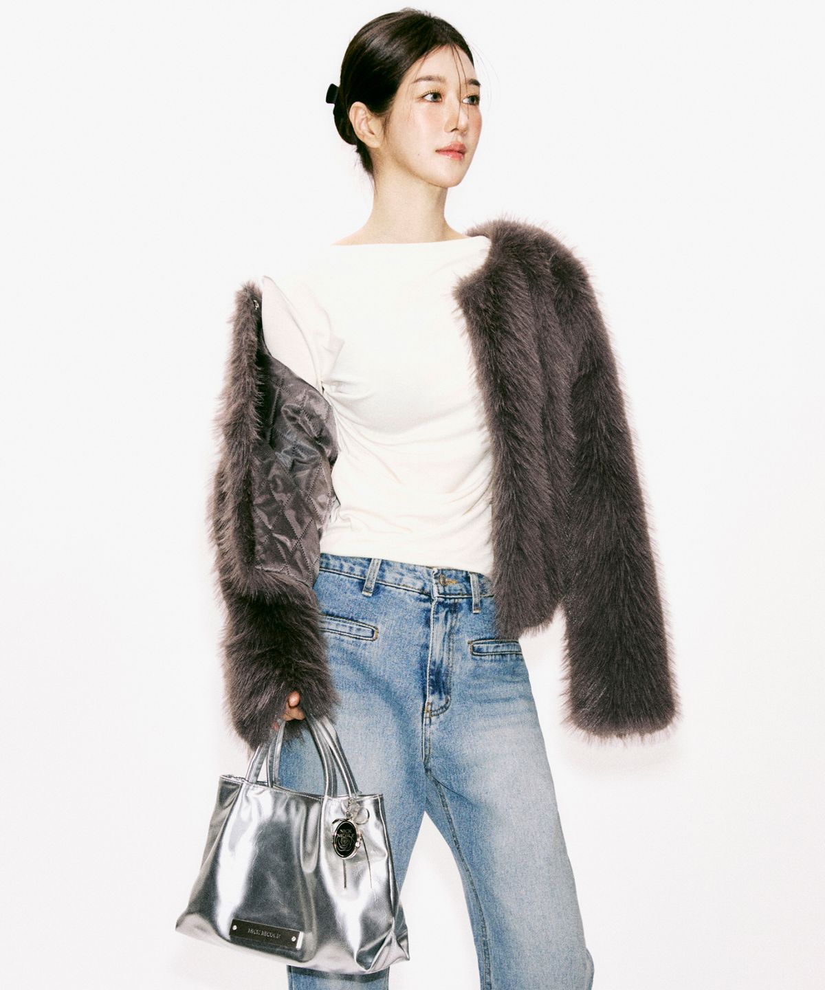 닉앤니콜(NICK&NICOLE) CRYSTAL FAUX LEATHER TOTE BAG_SILVER