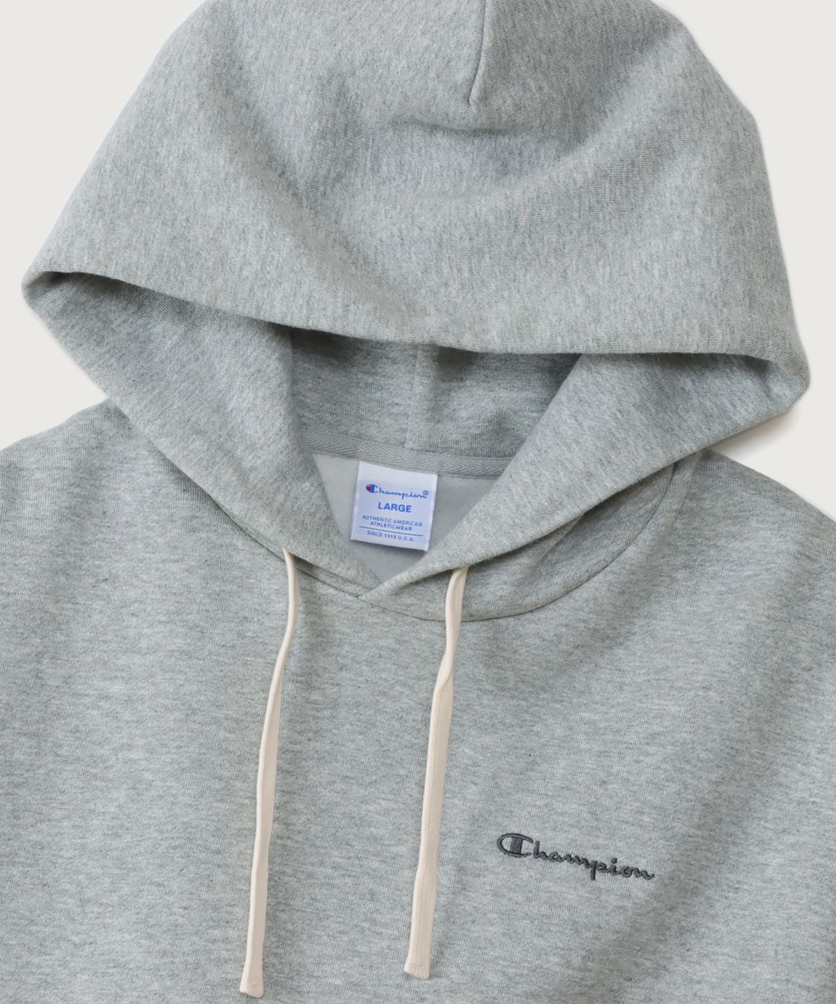 챔피온(CHAMPION) 여성 스몰 스크립트 로고 루즈핏 기모 후드 티셔츠 Oxford Grey