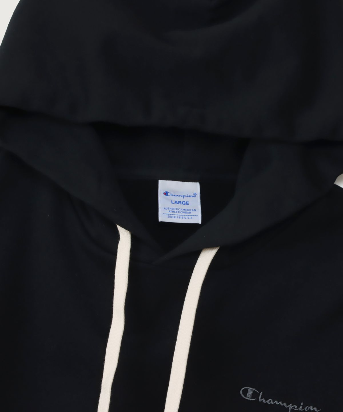 챔피온(CHAMPION) 여성 스몰 스크립트 로고 루즈핏 기모 후드 티셔츠 Black