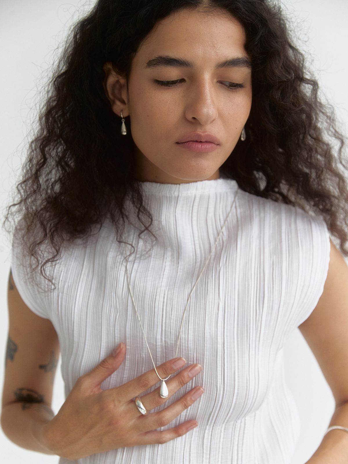 미메시(MIMESI) [925 silver] Water Drop Long Necklace (snake chain) (2size)