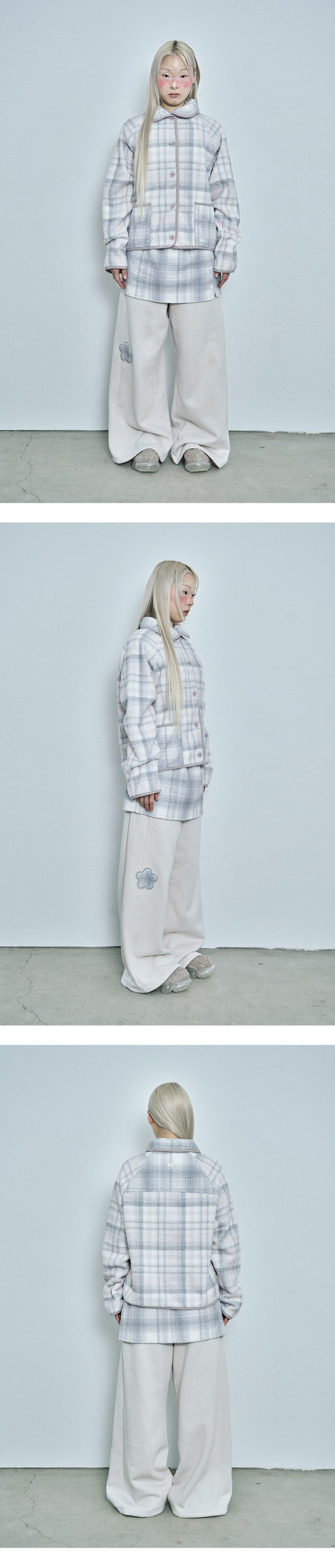 MUSINSA | HUG YOUR SKIN Round Collar Check Fleece Jacket (Pink Gray)