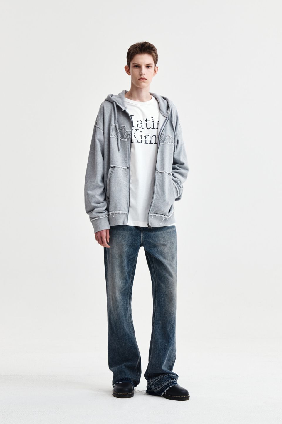 MUSINSA公式 | MATIN KIM RAW CUT APPLIQUE HOODY ZIP UP IN GREY