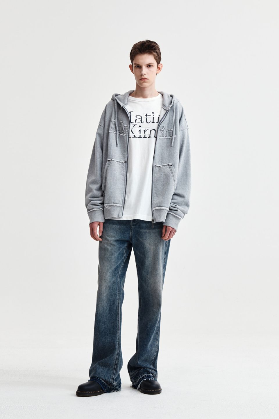 MUSINSA公式 | MATIN KIM RAW CUT APPLIQUE HOODY ZIP UP IN GREY