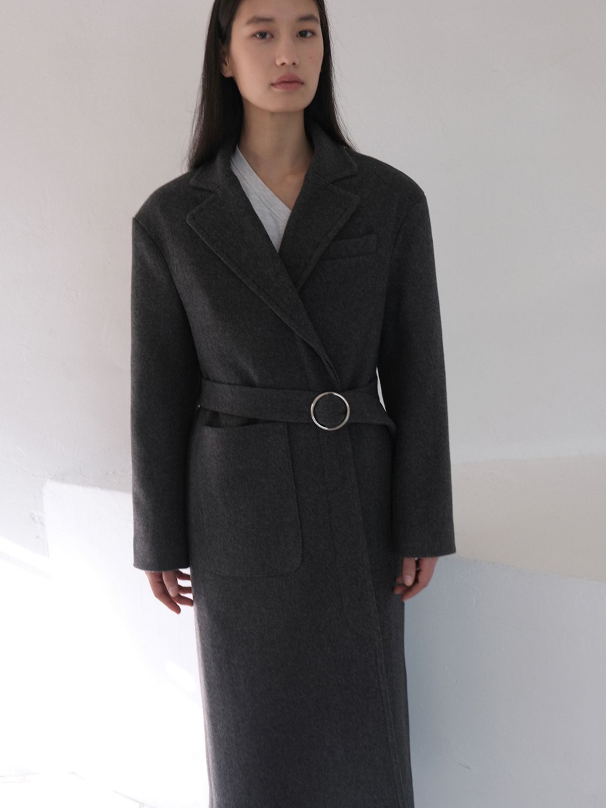 이콤마이(ECOMMAE) CLASSIC LONG COAT WITH RING BELT (GRAY)