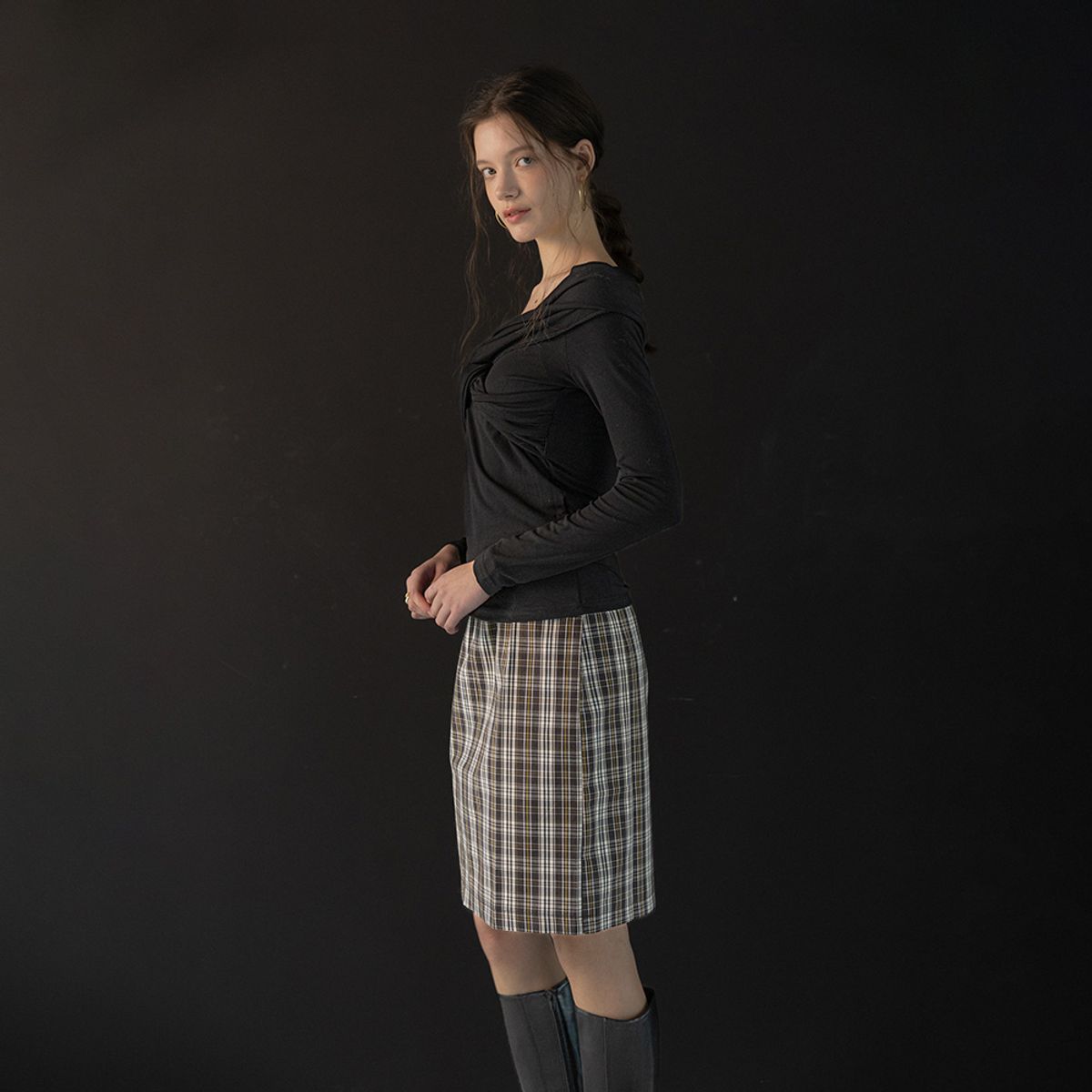 웬스데이딜라잇(WEDNESDAY DELIGHT) WD_Plaid straight skirt_BLACK