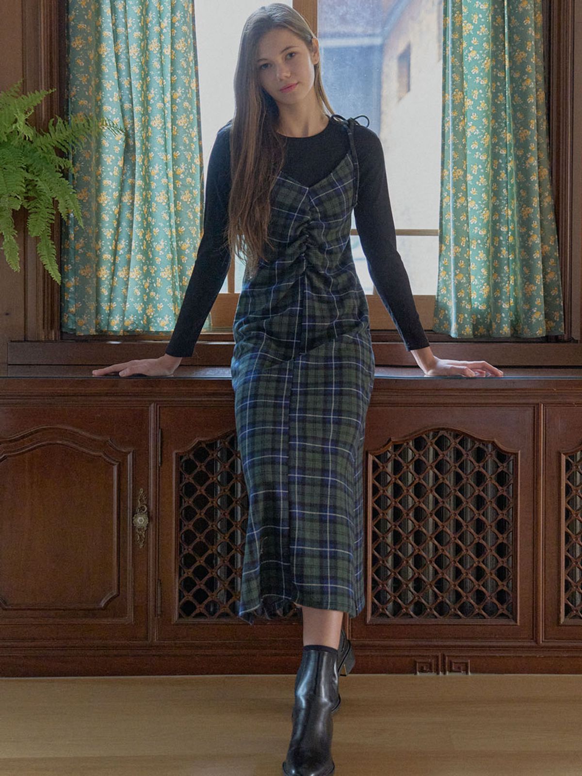 아방(AVANT-G) Tartan Check Shirring Dress - GREEN