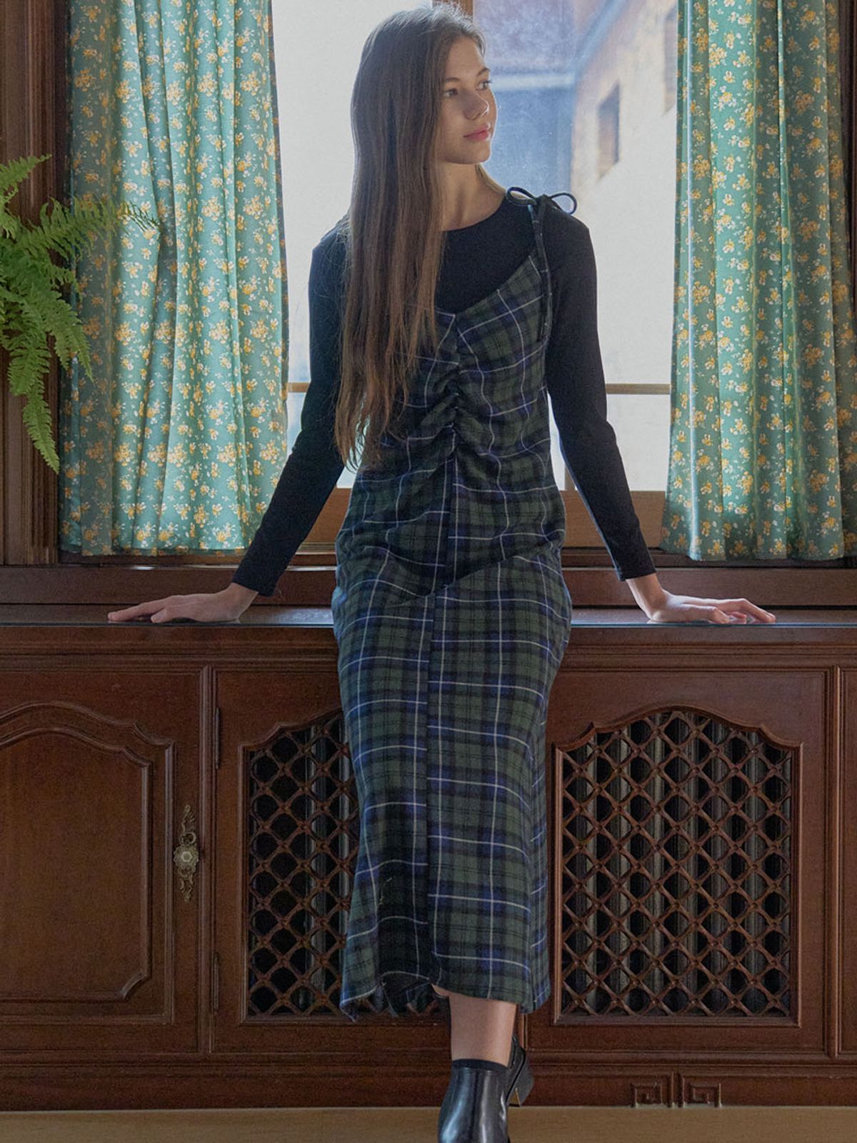 아방(AVANT-G) Tartan Check Shirring Dress - GREEN