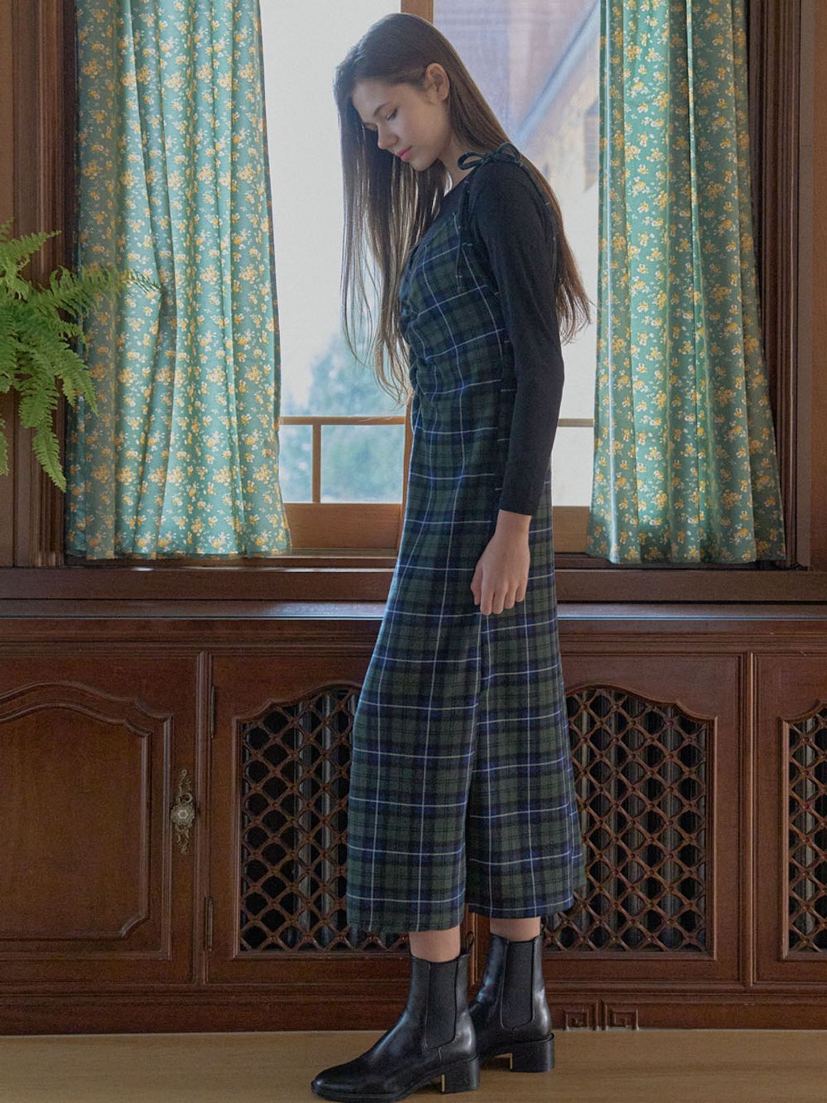 아방(AVANT-G) Tartan Check Shirring Dress - GREEN