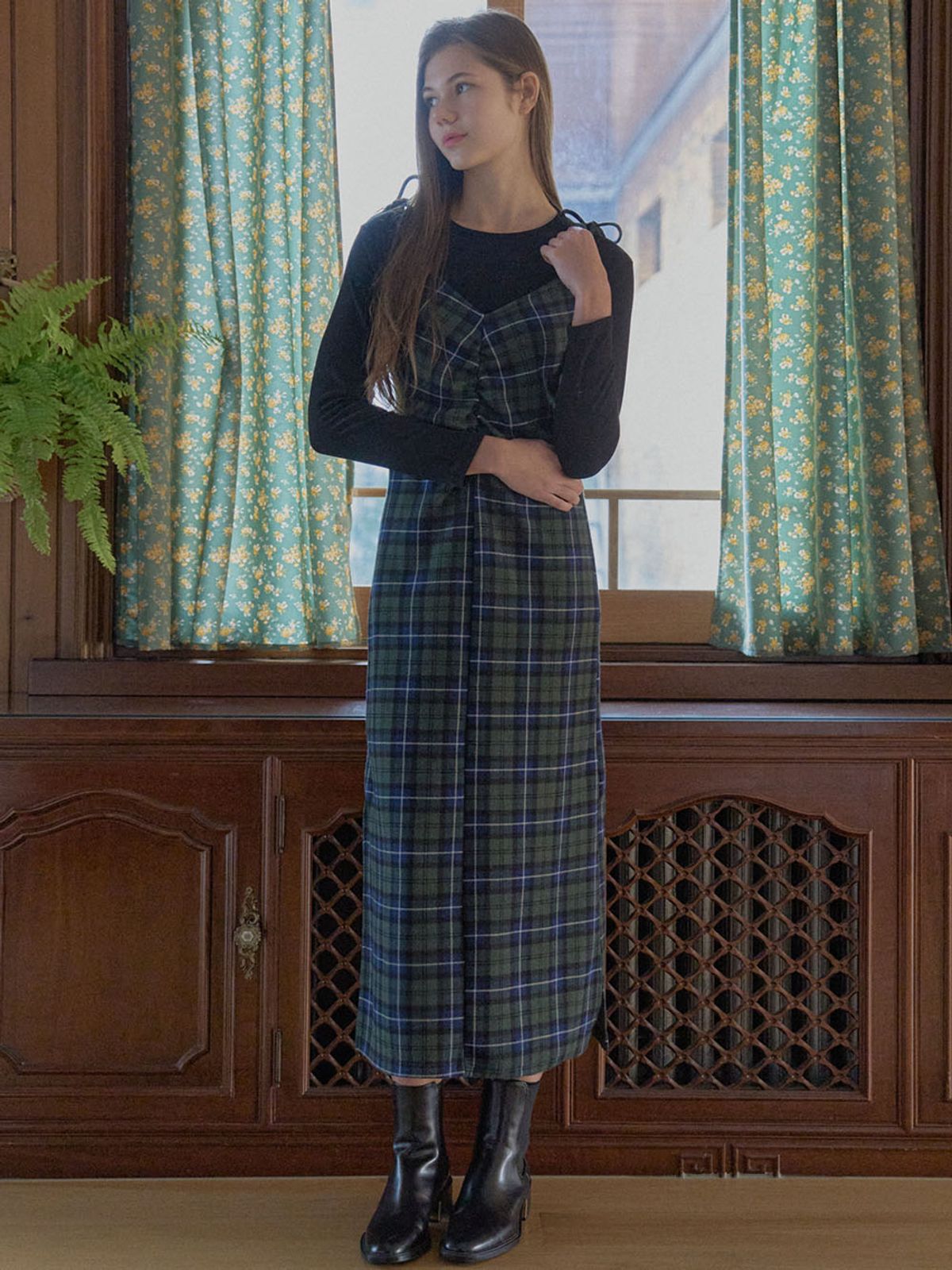 아방(AVANT-G) Tartan Check Shirring Dress - GREEN