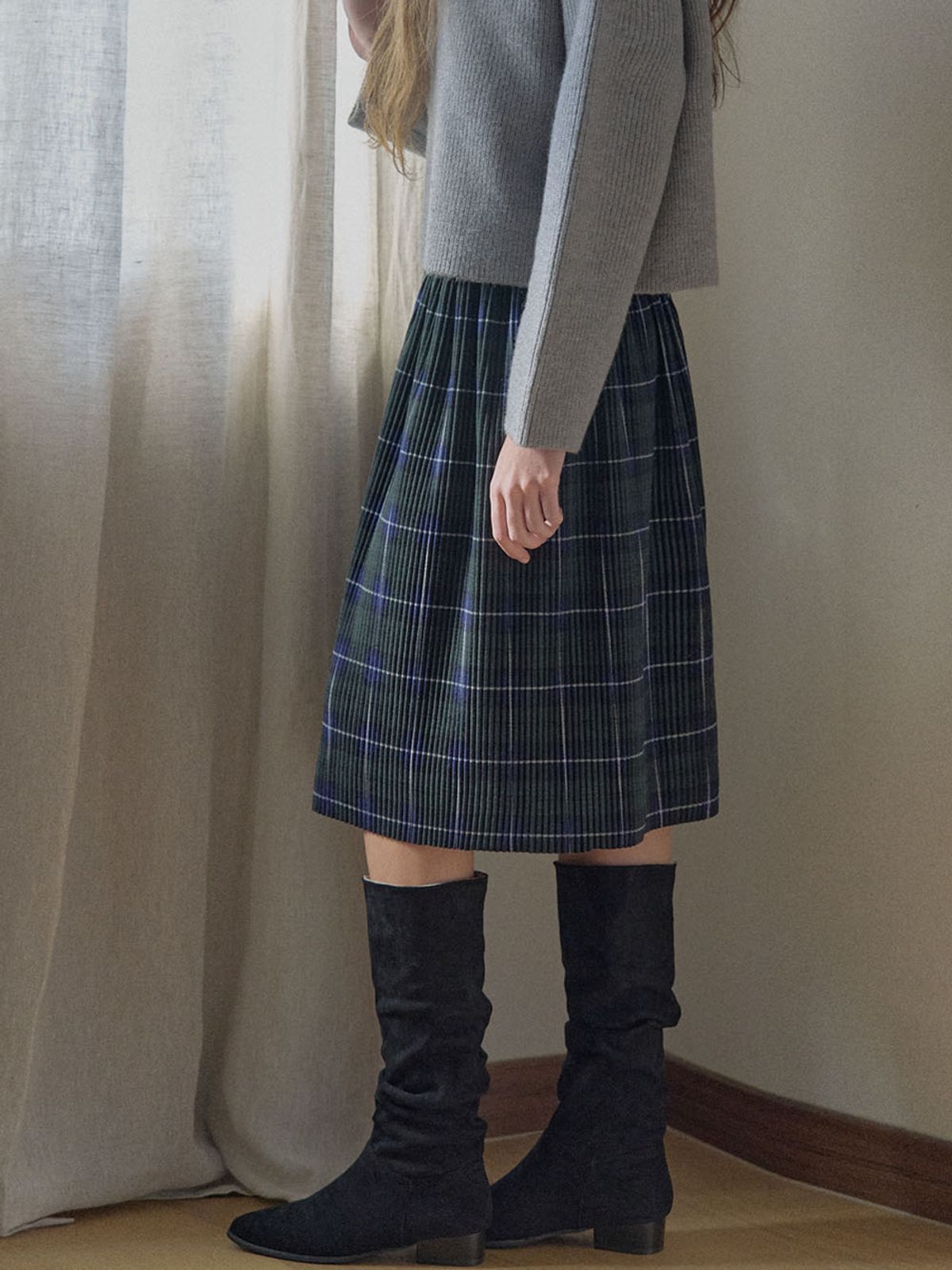 아방(AVANT-G) Tartan Check Pleated Midi Skirt - GREEN