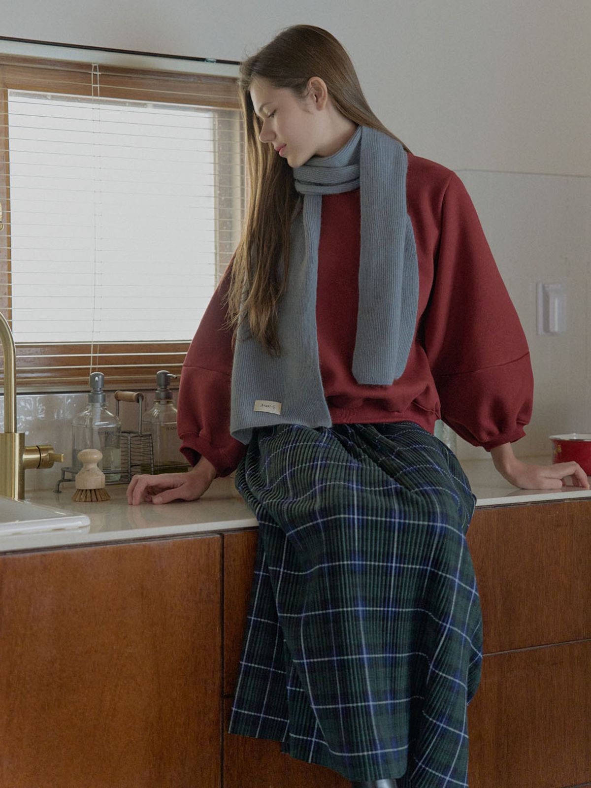 아방(AVANT-G) Tartan Check Pleated Maxi Skirt - GREEN