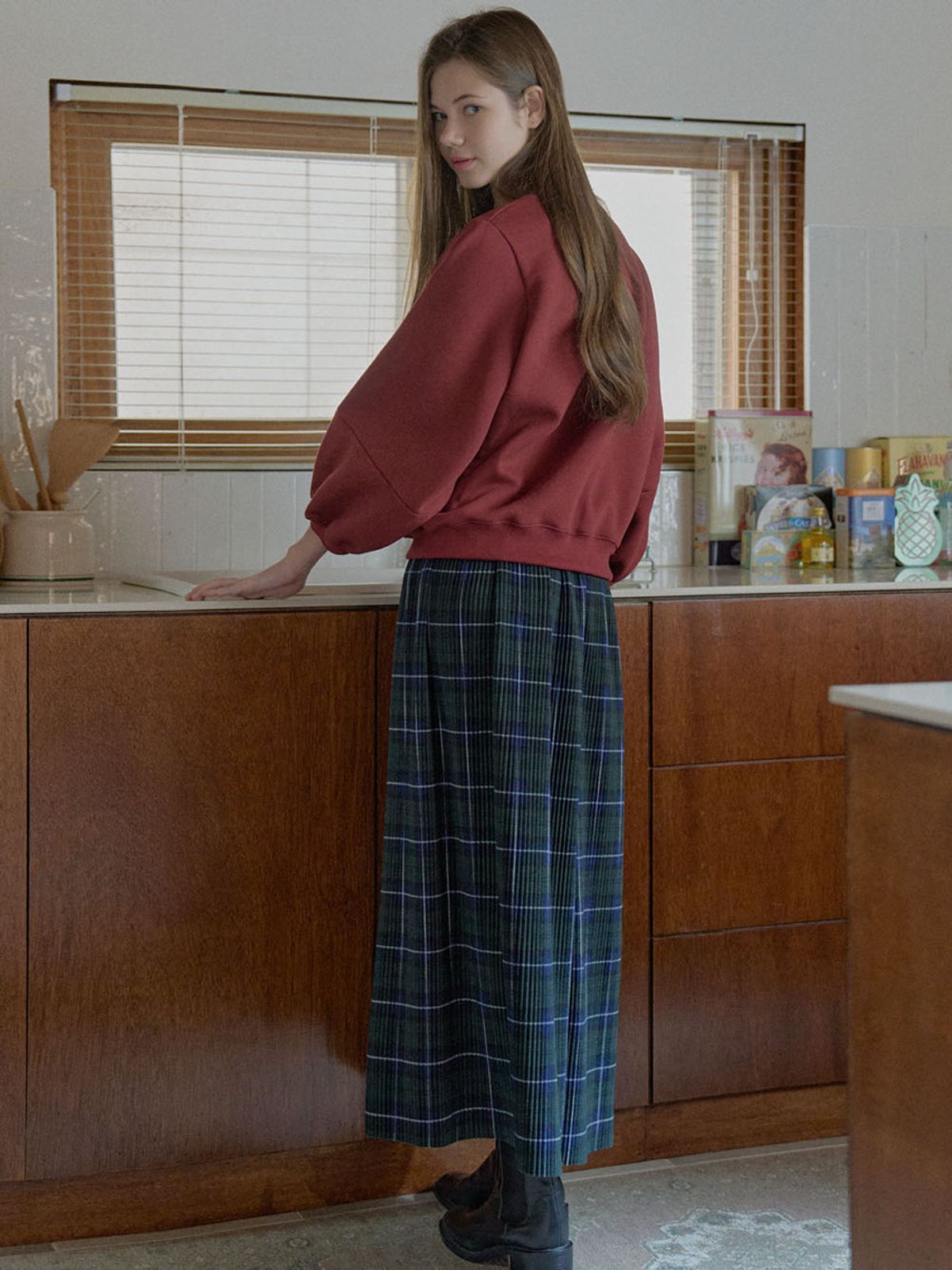 아방(AVANT-G) Tartan Check Pleated Maxi Skirt - GREEN