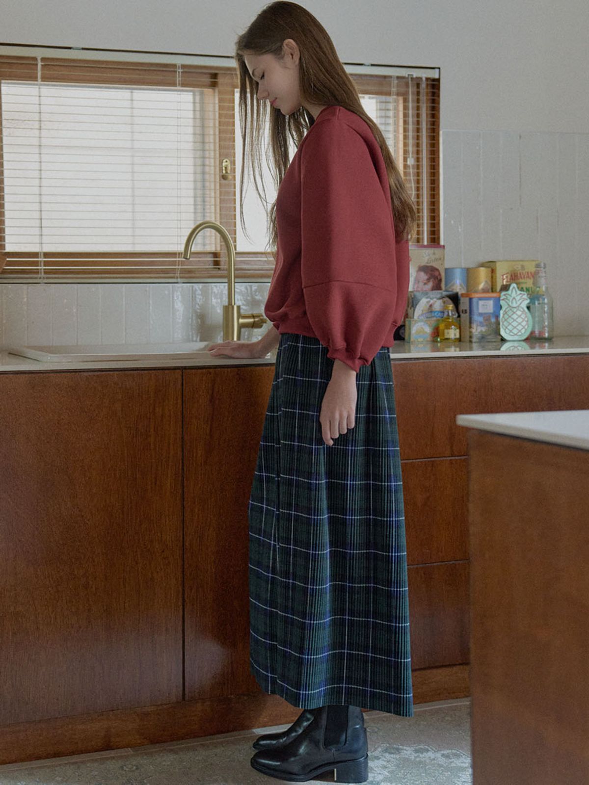 아방(AVANT-G) Tartan Check Pleated Maxi Skirt - GREEN