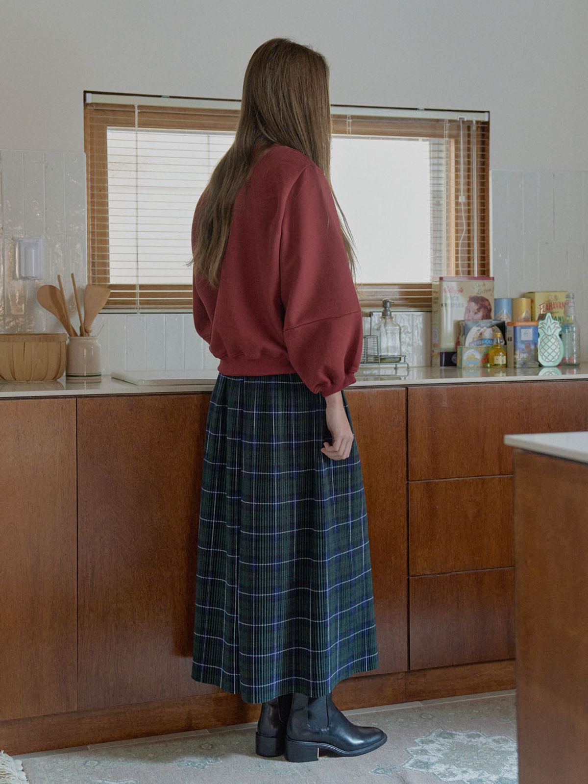 아방(AVANT-G) Tartan Check Pleated Maxi Skirt - GREEN