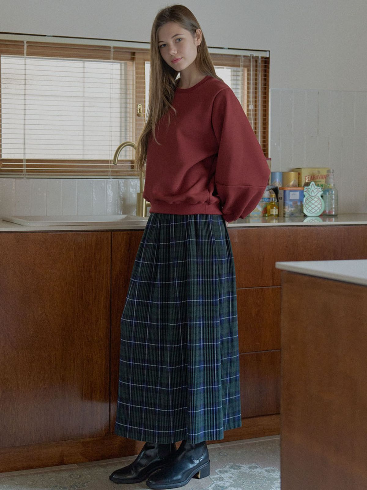 아방(AVANT-G) Tartan Check Pleated Maxi Skirt - GREEN